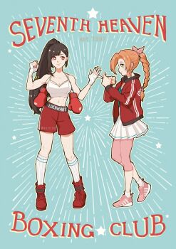 2girls aerith_gainsborough alternate_costume aqua_background bandaged_hand bandages bare_shoulders black_hair boots boxing boxing_gloves boxing_shorts braid braided_ponytail breasts brown_hair cleavage closed_mouth crop_top final_fantasy final_fantasy_vii final_fantasy_vii_remake full_body green_eyes hair_ribbon high_ponytail highres jacket large_breasts long_hair looking_at_viewer midriff miniskirt multiple_girls navel open_clothes open_jacket parted_bangs pink_ribbon pink_shoes ponytail red_boots red_eyes red_jacket red_shorts reiriim ribbon shoes shorts skirt sneakers standing star_(symbol) swept_bangs tank_top tifa_lockhart toned toned_female twitter_username white_skirt white_tank_top