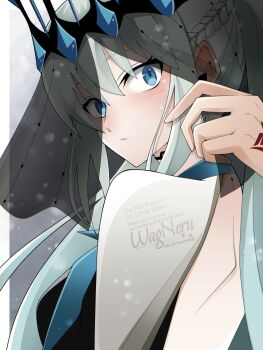 Rule 34 | 1boy, 1girl, black dress, blue dress, blue eyes, blush, braid, breasts, command spell, commentary request, crown, dress, fate/grand order, fate (series), fujimaru ritsuka (male), grey hair, highres, large breasts, long hair, long sleeves, looking at viewer, looking back, morgan le fay (fate), morgan le fay (queen of winter) (fate), ponytail, sidelocks, solo focus, stole, two-tone dress, veil, very long hair, wagu neru