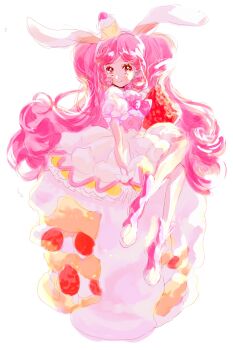 Rule 34 | 1girl, absurdres, animal ears, boots, bow, bowtie, cake, closed mouth, commentary request, cure whip, dot nose, dress, eyelashes, floppy ears, food, food-themed clothes, food-themed hair ornament, full body, gloves, hair ornament, happy, highres, kirakira precure a la mode, light blush, long hair, looking at another, magical girl, medium dress, on food, one-hour drawing challenge, paw shoes, pink boots, pink bow, pink bowtie, pink eyes, pink hair, pleated dress, pom pom (clothes), precure, puffy short sleeves, puffy sleeves, rabbit ears, seika (yuimarutoka0219), short sleeves, simple background, sitting, smile, solo, strawberry brooch, strawberry shortcake, tareme, twintails, usami ichika, very long hair, white background, white dress, white gloves
