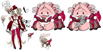 1girl :t absurdres animal bare_shoulders black_hairband blonde_hair bow bowtie brooch butterfly_mask carrying carrying_person chinese_commentary closed_mouth clothed_animal commission creature dress earrings elbow_gloves empire_waist floating_earrings freeze_(867139) full_body gloves hair_rings hairband hat heart heart_brooch high-low_dress highres holding holding_mask jewelry light_smile long_hair looking_at_viewer mask masquerade_mask medium_dress mini_hat mini_top_hat multiple_views neck_ruff original overskirt pantyhose parted_bangs pink_pantyhose plume pout puffy_short_sleeves puffy_sleeves red_bow red_bowtie red_hat red_skirt red_sleeves reference_sheet short_sleeves simple_background sitting skirt solo standing tilted_headwear top_hat twintails very_long_hair watermark white_background white_dress white_gloves