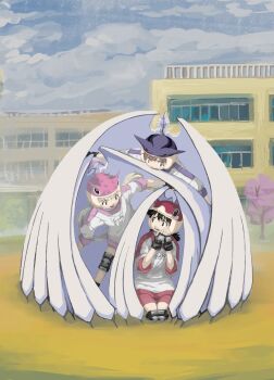 Rule 34 | 3girls, absurdres, alien nine, black eyes, black hair, blonde hair, blue sweater, brown hair, eye contact, eyerealm, fingerless gloves, full body, gloves, helmet, highres, kawamura kumi, knee pads, kneeling, looking at another, multiple girls, ootani yuri, pink shorts, pink sweater, red eyes, school, short twintails, shorts, sleeves rolled up, sweater, tearing up, tomine kasumi, tree, twintails, two-tone sweater