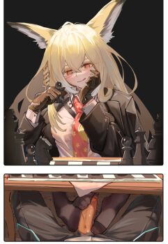 1boy 1girl absurdres animal_ear_fluff animal_ears arknights bishop_(chess) black_background black_gloves black_jacket black_pants blonde_hair blush board_game braid breasts censored chess chess_piece chessboard closed_mouth commentary_request crossed_bangs doctor_(arknights) feet footjob fox_ears fox_girl gloves hair_between_eyes hand_on_own_cheek hand_on_own_face heart heart-shaped_pupils hetero highres holding jacket king_(chess) licking_lips long_hair long_sleeves looking_at_viewer male_doctor_(arknights) mosaic_censoring necktie no_shoes pants pantyhose pawn_(chess) penis penis_out pov red_eyes red_necktie shirt simple_background sitting smile solo_focus sqh510 symbol-shaped_pupils toes tongue tongue_out two-footed_footjob under_table vulpisfoglia_(arknights) white_shirt