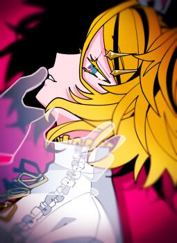 1girl absurdres asphyxiation blonde_hair blue_eyes cel_shading collar colored_eyelashes dress frilled_collar frills from_side hair_ornament hairclip half-closed_eyes highres iroha_(hourai_24) kagamine_rin kagamine_rin_(reactor) leaning_back messy_hair parted_lips profile reaching ringed_eyes roshin_yuukai_(vocaloid) see-through_clothes short_twintails silhouette smile solo_focus strangling twintails two-tone_dress vocaloid