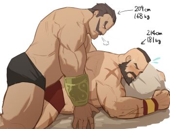 Rule 34 | 2boys, bara, beard, black male underwear, blush, breath, briefs, brown hair, bulge, bulge to ass, dark-skinned male, dark skin, darun mister, dry humping, facial hair, frottage, height, height difference, highres, humping, long mustache, lying, male focus, male underwear, mature male, mohawk, multiple boys, muscular, muscular male, mustache, on person, on stomach, pillow, ryker, scar, scar on arm, sexually suggestive, short hair, sideburns, stomach, street fighter, street fighter ex (series), thick mustache, thick thighs, thighs, topless male, underwear, underwear only, wrestling outfit, yaoi, zangief