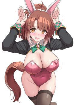 1girl alternate_costume animal_ear_hairband animal_ears arms_up black_shrug black_thighhighs blush bow bowtie breasts brown_eyes brown_hair brown_tail cleavage cowboy_shot dantsu_flame_(umamusume) fake_animal_ears green_bow green_bowtie hairband highleg highleg_leotard highres horse_ears horse_girl horse_tail kibihimi large_breasts leaning_forward leotard long_hair looking_at_viewer nervous_smile open_mouth pink_leotard rabbit_ear_hairband rabbit_ears shrug_(clothing) simple_background skindentation smile solo strapless strapless_leotard sweat tail thighhighs thighs umamusume white_background white_streaks