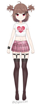 1girl ahoge alternate_costume black_thighhighs breasts broken_heart broken_heart_hair_ornament brown_hair character_name closed_mouth commentary english_commentary evil_neuro-sama full_body garter_straps hair_ornament hair_tie heart heart_print highres miniskirt navel neuro-sama no_shoes pink_skirt plaid_clothes plaid_skirt red_eyes shirt short_hair short_sleeves simple_background skindentation skirt skull_hair_ornament small_breasts solo straight-on thighhighs twitter_username two_side_up vedal_ai virtual_youtuber white_background white_shirt wristband zayberk