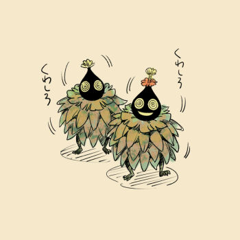 Rule 34 | akakokko (niro azarashi), closed mouth, commentary request, creature, creature focus, flower, full body, grin, leaf, looking at viewer, maronie oukoku no shichinin no kishi, motion lines, no humans, open mouth, orange flower, ringed eyes, sepia background, shadow, simple background, smile, translation request, yellow eyes, yellow flower