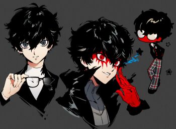 1boy amamiya_ren bishounen black_hair black_jacket blazer blood blood_on_face blue_fire chibi close-up cropped_torso dual_persona eyelashes fire glasses gloves grin hand_to_head hands_in_pockets highres holding holding_removed_eyewear jacket joker_(persona_5) looking_at_viewer male_focus multiple_views pants parted_lips persona persona_5 plaid_clothes plaid_pants popped_collar red_eyes red_gloves ringed_eyes school_uniform short_hair shuujin_academy_school_uniform smile star_(symbol) themoonrabbit unworn_eyewear