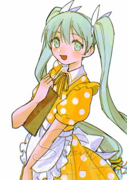 1girl apron aqua_eyes aqua_hair blush clipboard collared_dress commentary cowboy_shot dress frey_(rune_factory) frilled_apron frills hair_between_eyes hair_ribbon highres holding holding_clipboard long_hair looking_at_viewer low-tied_long_hair mouyi open_mouth orange_dress polka_dot polka_dot_dress puffy_short_sleeves puffy_sleeves ribbon rune_factory rune_factory_4 sample_watermark short_sleeves signature smile solo symbol-only_commentary twintails waist_apron watermark white_apron white_background white_ribbon