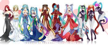 10s 2016 alternate_costume arcade_sona artist_name bare_shoulders black_hair blonde_hair blue_eyes blue_hair bodysuit bonnet breasts character_name cleavage dj_sona dress drill_hair full_body gradient_hair green_hair guqin_sona heart heart_hands highres huayue large_breasts league_of_legends long_dress long_hair long_sleeves looking_at_viewer multicolored_hair multiple_girls multiple_persona muse_sona orange_hair pentakill_(league_of_legends) pentakill_sona poro_(league_of_legends) red_dress red_eyes red_hair silent_night_sona sleeveless sleeveless_dress sona_(league_of_legends) standing sweetheart_sona twintails very_long_hair white_hair