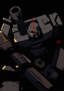 1boy arm_cannon black_background cannon decepticon eye_trail highres leaning_forward light_trail male_focus mecha mecha_focus megatron nasutetsu red_eyes robot simple_background solo transformers weapon