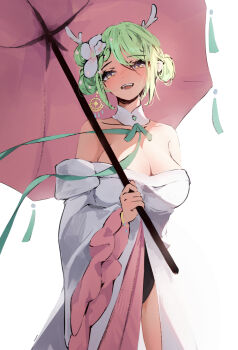 1girl :d alternate_costume alternate_hairstyle antlers bare_shoulders blush breasts ceres_fauna cleavage commentary cowboy_shot detached_collar double_bun earrings flower frilled_sleeves frills hair_bun hair_flower hair_ornament highres holding holding_umbrella hololive hololive_english horns japanese_clothes jewelry kimono kimono_partially_removed low_neckline malvar mole mole_under_eye neck_ribbon off_shoulder oil-paper_umbrella open_mouth ribbon simple_background single_earring smile solo umbrella virtual_youtuber white_background white_kimono wide_sleeves yellow_eyes