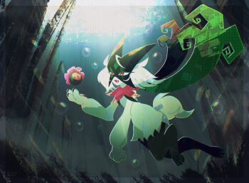 1other animal_hands black_fur bubble cape full_body furry green_fur green_hair half-closed_eyes highres looking_at_object mask meowscarada mr_h202 nintendo open_mouth other_focus pawpads pink_eyes pokemon pokemon_(creature) short_hair short_tail simple_background solo tail two-tone_fur