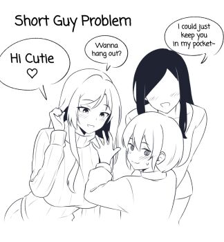 1boy 2girls @_@ amogan blush colored_inner_hair english_text flirting height_difference highres long_hair multicolored_hair multiple_girls no_eyes original speech_bubble sweater