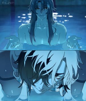 2boys argenti_(honkai:_star_rail) arms_up boothill_(honkai:_star_rail) chainsaw_man closed_mouth collarbone commentary english_commentary hair_over_one_eye highres honkai:_star_rail honkai_(series) i&#039;ll_teach_you_everything_(chainsaw_man) long_hair male_focus multicolored_hair multiple_boys nude outstretched_hand parody partially_submerged pectorals twitter_username v_z40m water wet yaoi