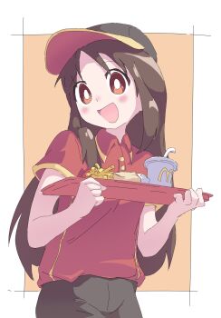 Rule 34 | 1girl, absurdres, azumanga daiou, baseball cap, black pants, blush, brown eyes, brown hair, burger, buttons, collared shirt, cup, drinking straw, employee uniform, fast food uniform, food, french fries, hair over shoulder, happy, hat, highres, holding, holding tray, kasuga ayumu, kazuke (kazuke9801), long hair, mcdonald's, open mouth, outside border, pants, red shirt, shirt, tray, wrapped burger