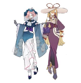 2girls adapted_costume ankle_boots ankle_garter bag bare_shoulders black_gloves black_shoes blonde_hair blue_hat blue_kimono boots bow breasts cherry_blossom_print cleavage_cutout clothing_cutout commentary_request dress earrings floral_print footwear_bow full_body gloves hair_bow hand_to_own_mouth handbag hat hat_ribbon high_heel_boots high_heels highres holding holding_bag japanese_clothes jewelry kimono long_hair long_sleeves looking_at_viewer medium_breasts mob_cap multiple_girls pink_hair print_kimono purple_bag purple_bow purple_dress purple_gloves red_bow red_ribbon ribbon round_eyewear saigyouji_yuyuko shoes short_hair smile tassel tassel_earrings touhou veil wide_sleeves yakumo_yukari yellow-framed_eyewear zenritsu