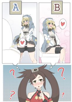 1boy 1girl ? absurdres androgyne_symbol arc_system_works bare_shoulders bike_shorts black_gloves blonde_hair blue_eyes blue_hoodie blush bridget_(guilty_gear) brown_eyes brown_hair c_bottle clothes_pull dress feet_out_of_frame finger_to_mouth fingerless_gloves gloves guilty_gear hair_rings heart highres hood hood_up hoodie imagining kuradoberi_jam long_hair long_sleeves off-shoulder_dress off_shoulder open_clothes open_hoodie open_mouth peeing short_hair shorts shorts_pull sitting skirt speech_bubble speech_bubble_censor spoken_heart standing toilet toilet_use very_long_hair