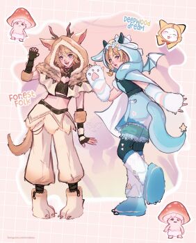 2girls above-cleavage_cutout absurdres animal animal_costume animal_ear_hood animal_ears animal_hands aqua_shorts baggy_pants belt black_belt black_gloves black_horns black_pantyhose black_shirt blue_bow blue_cloak blue_eyes blue_shirt blue_shoes blue_shorts blue_skirt blue_tail blue_wings bow brown_cloak cat character_name cloak clothed_animal clothing_cutout cloud_print commentary crop_top deepwood_dream_(infinity_nikki) dragon_costume dragon_horns dragon_tail dragon_wings elbow_gloves english_commentary fake_animal_ears fake_antlers fake_tail fake_wings fingerless_gloves forest_folk_(infinity_nikki) frilled_shorts frills fringe_trim full_body fur-trimmed_gloves fur-trimmed_hood fur_cloak fur_gloves fur_leg_warmers fur_trim gloves grid_background hair_bow happy heart_cutout high-waist_skirt highres hood hood_up hooded_cloak horns infinity_nikki instagram_username leg_cutout leg_warmers light_blush looking_back low_twintails midriff miniskirt momo_(nikki) multicolored_hair multiple_girls mushroom nikki_(series) open_mouth pants pantyhose paw_gloves paw_shoes pink_background print_cloak print_leg_warmers print_skirt ribbon-trimmed_shorts ribbon_trim shirt shoes short_twintails shorts shorts_under_skirt shroomling_(infinity_nikki) skirt smile standing star_(symbol) star_print storijuna streaked_hair striped_clothes striped_pantyhose surprised tail triangle_print turtleneck turtleneck_shirt twintails two-tone_cloak vertical-striped_clothes vertical-striped_pantyhose waving white_cat white_cloak white_gloves white_leg_warmers white_pants white_shoes wings wolf_ears wolf_tail