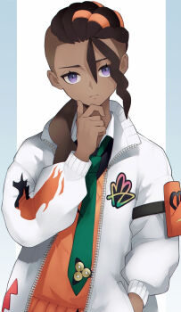 1boy absurdres closed_mouth collared_shirt commentary_request dark-skinned_male dark_skin eyelashes green_necktie hand_in_pocket hand_on_own_chin hand_up highres jacket long_hair looking_at_viewer loose_hair_strand male_focus naveen_(pokemon) necktie nintendo noyun_(viraphoria) open_clothes open_jacket orange_vest pokemon pokemon_legends:_z-a purple_eyes shirt stroking_own_chin undercut upper_body vest white_jacket zipper