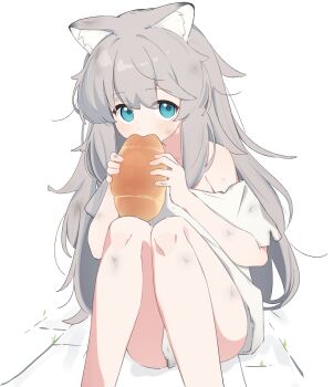 1girl absurdres animal_ear_fluff animal_ears bare_shoulders blue_eyes blush bread commentary_request dirty dirty_clothes dirty_face feet_out_of_frame food grey_hair hair_between_eyes highres holding holding_food knees_up long_hair looking_at_viewer off_shoulder original riya_(01214) shirt short_sleeves sitting solo very_long_hair white_background white_shirt