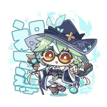 1girl :d anemo_symbol_(genshin_impact) arikuigames1105 bare_shoulders black_hat black_robe black_thighhighs book chibi chibi_only commentary_request dress full_body genshin_impact glasses green_hair hair_between_eyes hand_up hat highres holding holding_staff looking_at_viewer open_mouth robe simple_background sleeveless sleeveless_dress smile solo staff sucrose_(genshin_impact) thighhighs white_background white_dress witch_hat yellow_eyes