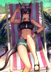 Rule 34 | 1girl, absurdres, arknights, bikini, black bikini, black footwear, blue hair, ch&#039;en (arknights), ch'en (arknights), commentary request, day, denim, denim shorts, dragon girl, dragon horns, dragon tail, female tourist c (arknights), foot out of frame, highres, horns, long hair, looking at viewer, navel, orange eyes, outdoors, sandals, shorts, smile, solo, sunglasses, swimsuit, tail, tsugu0302, watch, wristwatch