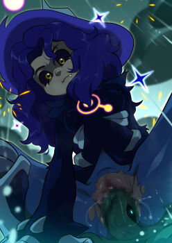 1girl black_sclera blue_hair censored closed_mouth colored_sclera dark-skinned_female dark_skin demon_girl fang jcm2 luz_noceda luz_noceda_(titan) mosaic_censoring sex solo_focus the_owl_house torn_clothes vaginal yellow_eyes