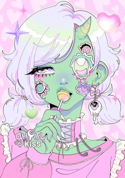 Rule 34 | 1girl, artist logo, blood, blue sclera, candy, chain, choker, colored sclera, colored skin, commentary, eating, english commentary, eye print, fingernails, food, frilled choker, frilled shirt, frills, ghoulkiss, green eyes, green hair, green horns, green nails, heart, heart background, heart in eye, highres, horns, jewelry, logo, lollipop, lollipop in mouth, long sleeves, makeup, missing eye, multicolored hair, open mouth, original, pastel colors, pink background, pink blood, pink choker, pink shirt, portrait, puffy long sleeves, puffy sleeves, purple choker, purple hair, rolling eyes, sharp fingernails, shirt, short hair, solo, sparkle, sparkling eyes, sticker, sticker on face, symbol in eye, white hair