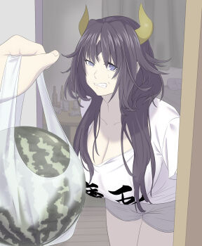 Rule 34 | 1girl, black hair, breasts, digimon, food, fruit, highres, horns, lilithmon, long hair, looking at viewer, mark of evil, purple eyes, sweat, taira (pixiv user 3018584), watermelon