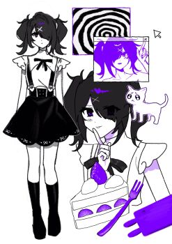 1girl 1other ame-chan_(needy_girl_overdose) black_eyes black_hair black_socks cake cake_slice cat collarbone cursor diagonal_bangs doodle_inset finger_to_mouth food fork full_body grin hair_ornament hair_over_one_eye highres limited_palette looking_at_viewer multiple_monochrome multiple_views neck_ribbon needy_girl_overdose phone pien_cat_(needy_girl_overdose) pointing purple_hair ribbon short_twintails shushing skirt smile socks solo spiral strawberry_cake suspender_skirt suspenders twintails white_background window_(computing) winged_sleeves x_hair_ornament yumeno_(yume0601)