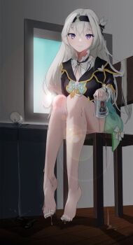 1girl absurdres barefoot can feet firefly_(honkai:_star_rail) highres honkai:_star_rail honkai_(series) long_hair looking_at_viewer purple_eyes toes weeyi white_hair