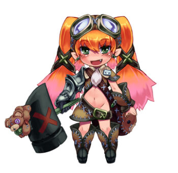 1girl armor blush dwarf dwarf_(monster_girl_encyclopedia) goggles gradient_hair green_eyes hammer kenkou_cross lowres monster_girl monster_girl_encyclopedia multicolored_hair navel orange_hair pink_hair sack simple_background stuffed_animal stuffed_toy teddy_bear