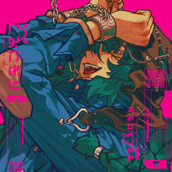 1boy blue_jacket braid chain commentary cuffs english_commentary green_hair grey_eyes handcuffs heart highres jacket long_hair long_sleeves looking_at_viewer male_focus open_mouth original piercing pink_background qr_code saliva simple_background smile solo srt_rice_ball sweat teeth tongue tongue_out tongue_piercing upper_body upper_teeth_only veins veiny_hands