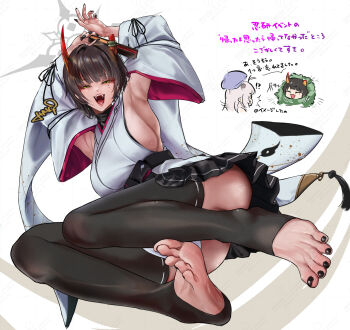 2girls :d armpits arms_up black_nails black_thighhighs blue_archive breasts broken_horn convenient_leg detached_sleeves feet folded_fan folding_fan foot_focus full_body green_eyes hand_fan havi highres holding holding_fan horns large_breasts michiru_(blue_archive) michiru_(dress)_(blue_archive) multiple_girls nail_polish niya_(blue_archive) open_mouth sideboob smile thighhighs toeless_legwear toenail_polish toenails