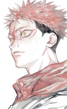 Rule 34 | 1boy, black hair, blood, blood on face, highres, hood, hood down, hoodie, itadori yuuji, jozpic, jujutsu kaisen, jujutsu tech uniform, male focus, multicolored hair, parted lips, pink hair, red hoodie, short hair, simple background, solo, teeth, two-tone hair, undercut, white background, yellow eyes