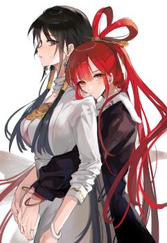 2girls :t absurdres black_dress black_hair bracelet brown_eyes character_request check_character chinese_commentary collared_dress commentary_request cowboy_shot dress earrings from_side fur-trimmed_dress fur_trim hair_ornament hair_rings hair_stick hair_tubes highres hug hug_from_behind jewelry judal long_sleeves looking_at_another looking_at_viewer looking_back looking_to_the_side magi_the_labyrinth_of_magic meng_ziya multiple_girls nail_polish parted_lips ponytail pout red_eyes red_hair red_nails ren_kougyoku ring sidelocks simple_background standing sweatdrop white_background white_dress