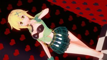 1girl 3d akatsuki_kirika black_bra black_necktie blonde_hair blush bra breasts condom condom_belt female_focus finger_to_mouth green_eyes hair_ornament hairclip highres looking_at_viewer medium_breasts midriff necktie senki_zesshou_symphogear short_hair skirt smile solo underwear used_condom v