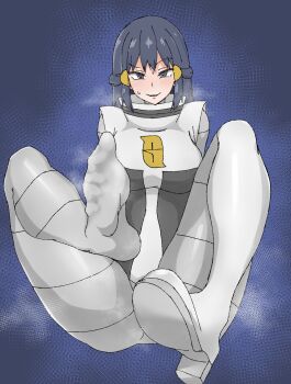 1girl black_eyes black_hair blush dawn_(pokemon) feet highres long_hair looking_at_viewer nintendo oq_k9m parted_lips pokemon pokemon_dppt smile soles steam team_galactic_uniform toes