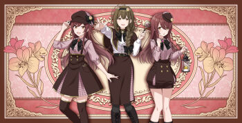 3girls alstroemeria_(idolmaster) belt boots braid brown_hair buttons capelet floral_print hairband hat high-waist_skirt holding idolmaster idolmaster_shiny_colors kuwayama_chiyuki lace-up_boots lantern long_skirt magnifying_glass mini_hat multiple_girls neck_ribbon official_art osaki_amana osaki_tenka pointing promotional_art red_hair ribbon skirt suspender_skirt suspenders thighhighs