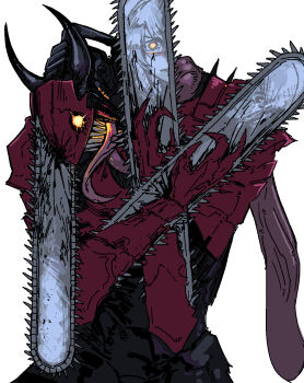 1boy 1girl chainsaw chainsaw_devil chainsaw_man commentary cross_scar demon_horns denji_(chainsaw_man) english_commentary heartbreak_juan highres horns intestine_clothing long_tongue open_mouth scar sharp_teeth simple_background teeth tongue tongue_out white_background yoru_(chainsaw_man)