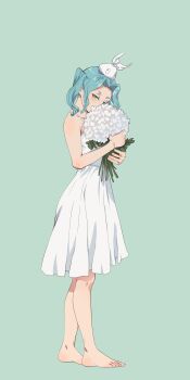 Rule 34 | 1girl, absurdres, alternate costume, aqua background, aqua hair, armpit crease, bare shoulders, barefoot, blush, bouquet, collarbone, commentary, dress, feet, firstdayiyui, flower, full body, green eyes, hair intakes, hat, highres, holding, holding bouquet, looking at viewer, monogatari (series), ononoki yotsugi, parted bangs, pleated dress, short eyebrows, solo, symbol-only commentary, thick eyebrows, toenails, toes, twintails, white dress, white flower, white hat