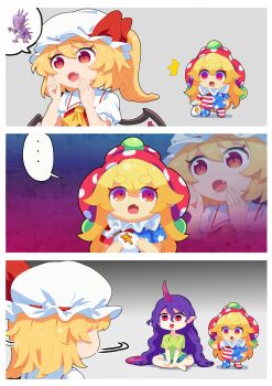 ... 1other 3girls american_flag american_flag_dress american_flag_legwear american_flag_pants american_flag_print american_flag_shirt ascot blonde_hair chupacabra clownpiece crystal crystal_wings dress fang fang_out flag_print flandre_scarlet green_shirt green_shorts hat hat_ribbon highres horns jester_cap lizard_tail long_hair long_tail mob_cap money_bag multiple_girls neck_ruff one_side_up open_mouth pants pantyhose pointy_ears polka_dot polka_dot_headwear print_pants print_shirt puffy_short_sleeves puffy_sleeves purple_hair purple_horns purple_tail ranka_(tonbo) red_eyes red_vest ribbon shirt short_hair short_sleeves shorts side_ponytail single_horn spoken_character star_(symbol) star_print striped_clothes striped_dress striped_pantyhose tail tenkajin_chiyari touhou tupai_(touhou) very_long_hair vest white_hat wings yellow_ascot yen_sign