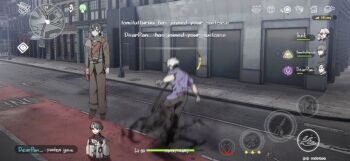 3boys bag black_pants black_sclera blue_eyes brown_shoes building click_(reverse:1999) coat colored_sclera english_text fake_screenshot floating full_body gameplay_mechanics grey_hair grey_jacket grey_pants health_bar heterochromia hnt_(1177tr1999) jacket male_focus minimap mismatched_sclera motion_blur multiple_boys pants pavia_(reverse:1999) purple_shirt reverse:1999 road shirt shoes short_hair short_sleeves shoulder_bag street user_interface white_coat white_hair x_(reverse:1999) yellow_eyes zima_(reverse:1999)