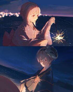 Rule 34 | 1boy, 1girl, alternate costume, black hairband, blonde hair, brinaa sama, fire emblem, fire emblem fates, hairband, highres, japanese clothes, leo (fire emblem fates), looking at viewer, mask, mask on head, night, nintendo, pink hair, sakura (fire emblem), upper body