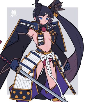 1girl armor black_hair blue_eyes breast_curtains breasts detached_sleeves fate/grand_order fate_(series) feather_hair_ornament feathers hacco_mayu hair_bun hair_ornament hat highres japanese_armor katana kusazuri long_hair looking_at_viewer medium_breasts panties parted_bangs red_panties shoulder_armor side_ponytail sidelocks single_side_bun sode solo sword thighs underwear ushiwakamaru_(fate) very_long_hair weapon wide_sleeves