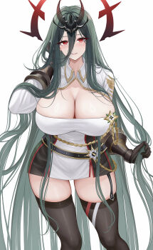 1girl absurdres azur_lane belt black_belt black_gloves black_thighhighs blush breasts cleavage collared_dress commentary_request commission cosplay dress emblem francesco_caracciolo_(azur_lane) garter_straps giulio_cesare_(azur_lane) giulio_cesare_(azur_lane)_(cosplay) gloves gold_trim grey_hair hair_between_eyes halo hand_up headpiece highres holding holding_own_hair large_breasts long_hair long_hair_between_eyes long_sleeves looking_at_viewer parted_lips pixiv_commission red_eyes red_halo red_trim short_dress sidelocks simple_background single_garter_strap smile solo standing thighhighs thighs very_long_hair white_background white_dress xiao_feifei