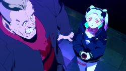 1boy 1girl animated anime_screenshot body_markings bra breasts closed_eyes colored_sclera crotch_rub cup cyberpunk_(series) cyberpunk_2077 cyberpunk:_edgerunners drinking_glass female_pervert height_difference highres legs naughty_face official_art open_mouth pale_skin pervert rebecca_(cyberpunk) rubbing rubbing_crotch sexually_suggestive size_difference small_breasts smile spilling stained_clothes teasing thighs twintails underwear video walking