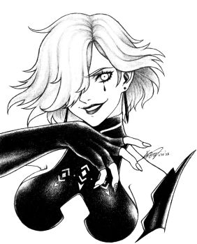 1girl bare_shoulders breasts commentary covered_collarbone dated earrings english_commentary fire_emblem fire_emblem:_three_houses hair_over_one_eye jewelry kastillia kronya_(fire_emblem) medium_breasts nintendo signature smile solo tattoo teardrop_tattoo traditional_media white_background