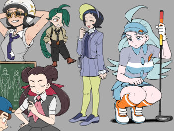 Rule 34 | 1boy, 5girls, aged up, ahoge, armpits, black hair, blue headwear, blush, breasts, brown footwear, brown hair, chalkboard, chibi, closed mouth, collared shirt, commentary request, eyelashes, flying sweatdrops, golf club, green hair, grey background, grey eyes, grey shirt, hat, highres, holding, holding golf club, holding pointer, jacket, kahili (pokemon), long hair, looking down, medium breasts, mole, mole under eye, multiple girls, nintendo, nutkingcall, orange socks, pantyhose, pleated skirt, pointer, pokemon, pokemon oras, pokemon sm, pokemon sv, poppy (pokemon), rika (pokemon), roxanne (pokemon), sex ed, shirt, shoes, skirt, socks, squatting, standing, sweatdrop, team star grunt, visor cap, youngster (pokemon)